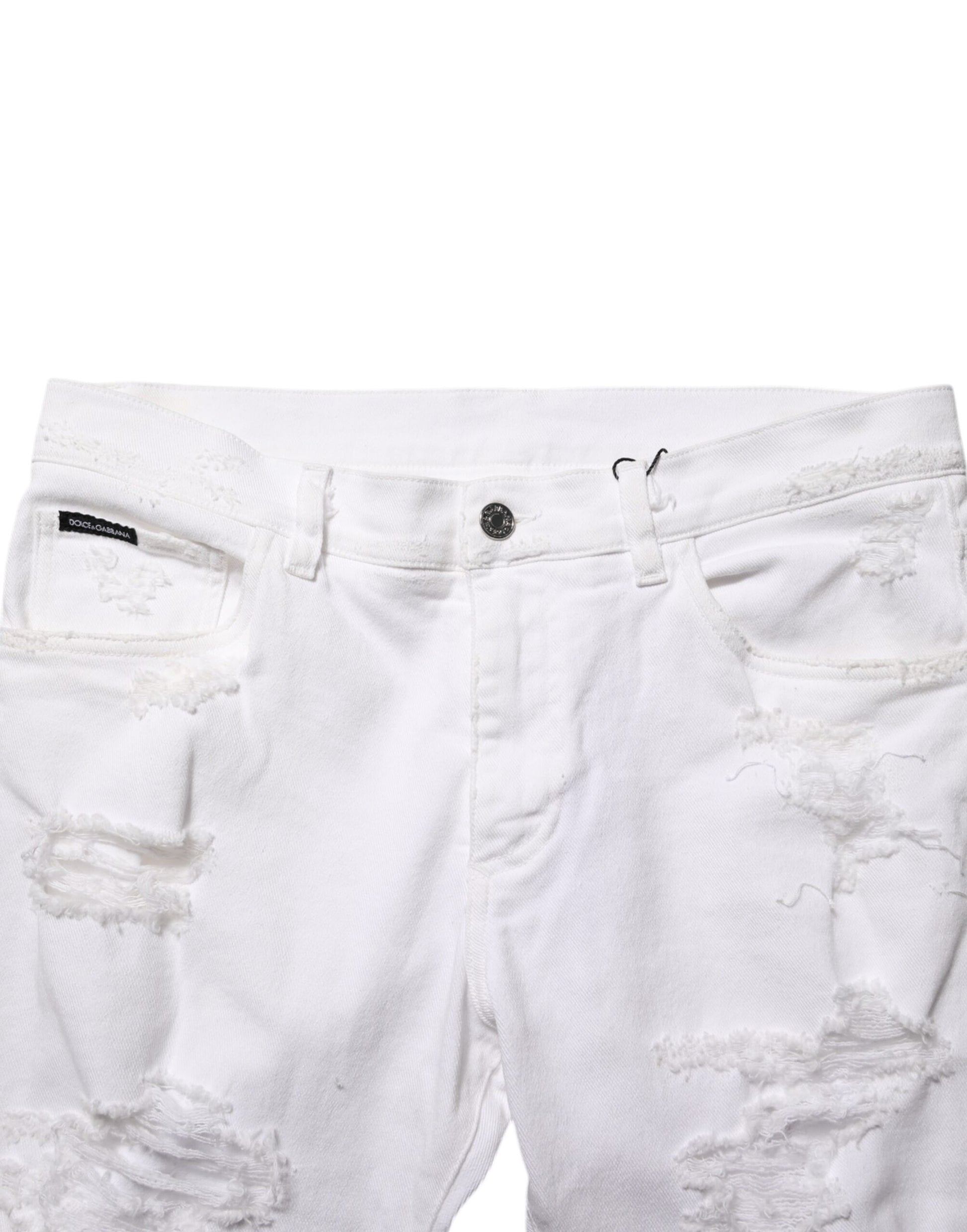 White distressed denim shorts with frayed hem