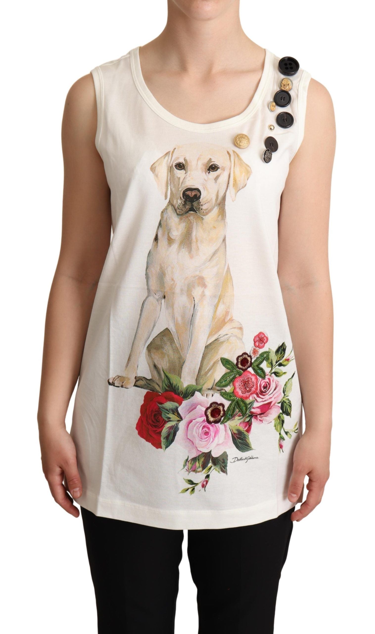 Tank top with dog design and floral accents