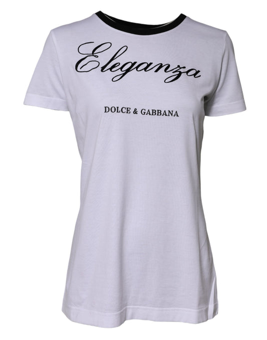 White t-shirt with black lettering