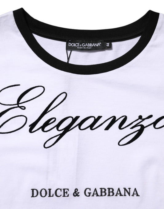 White shirt with black collar and sleeves featuring brand names in cursive script