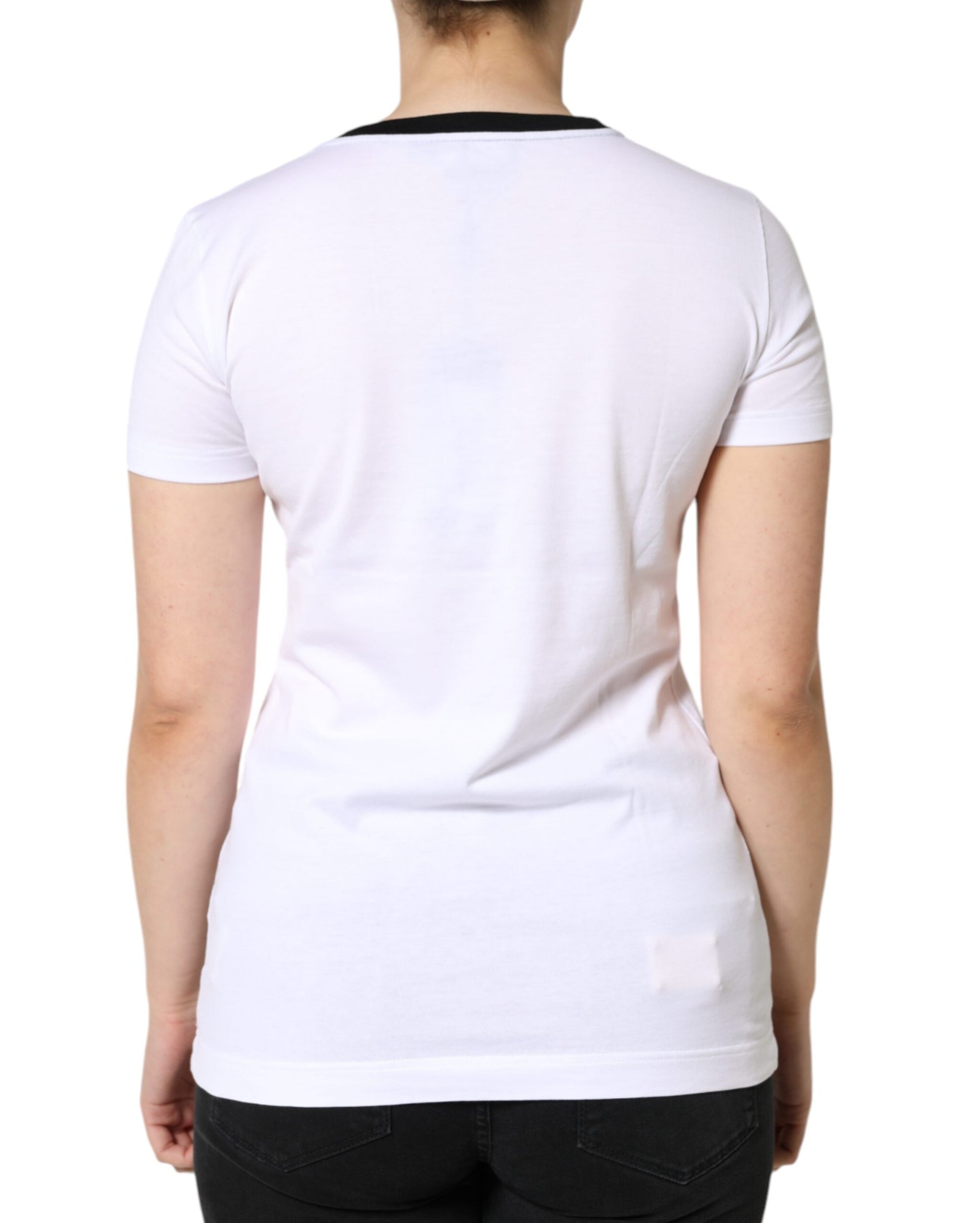 White and black short sleeve shirt on a person's back