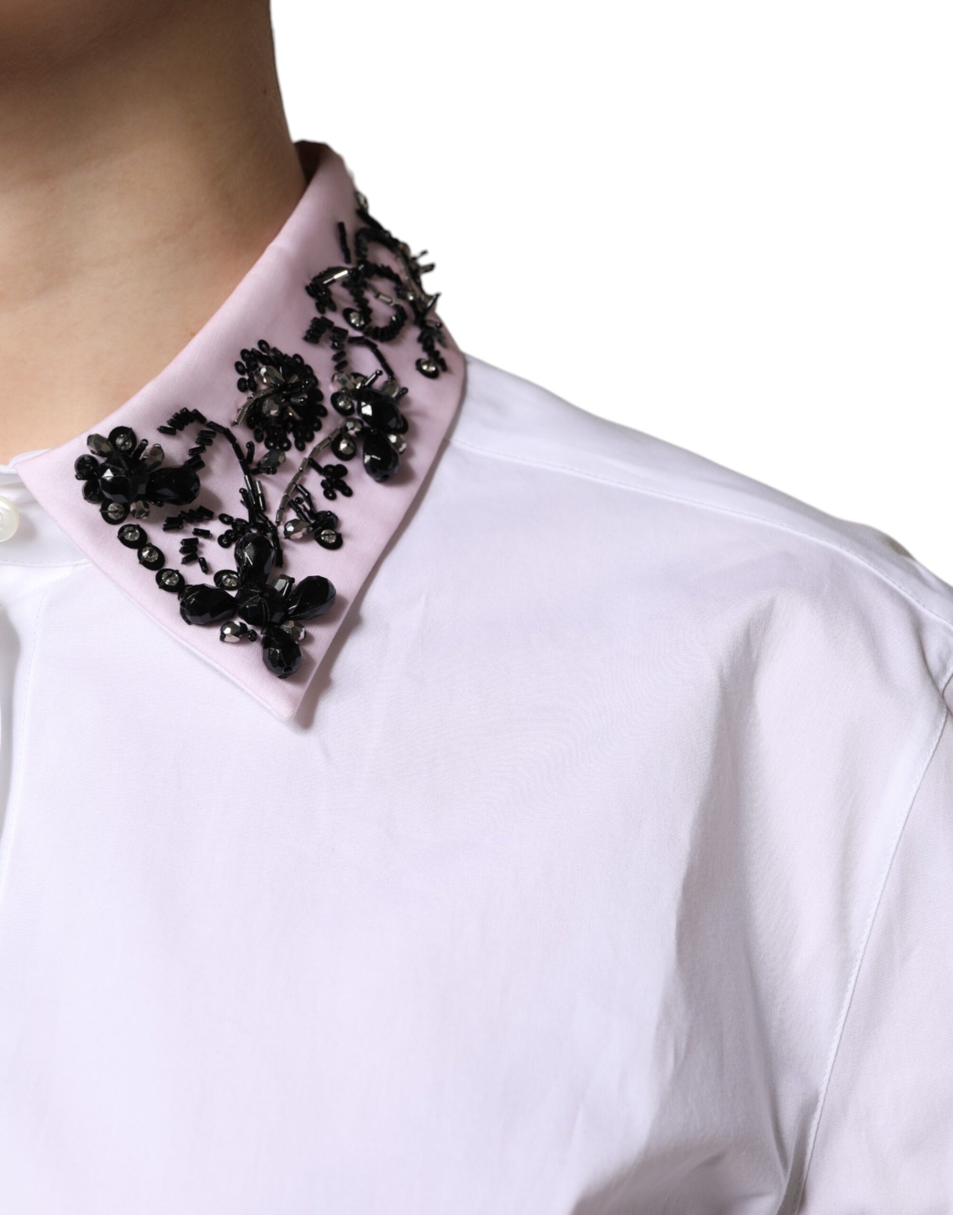 Pink and white embellished collar dress shirt top