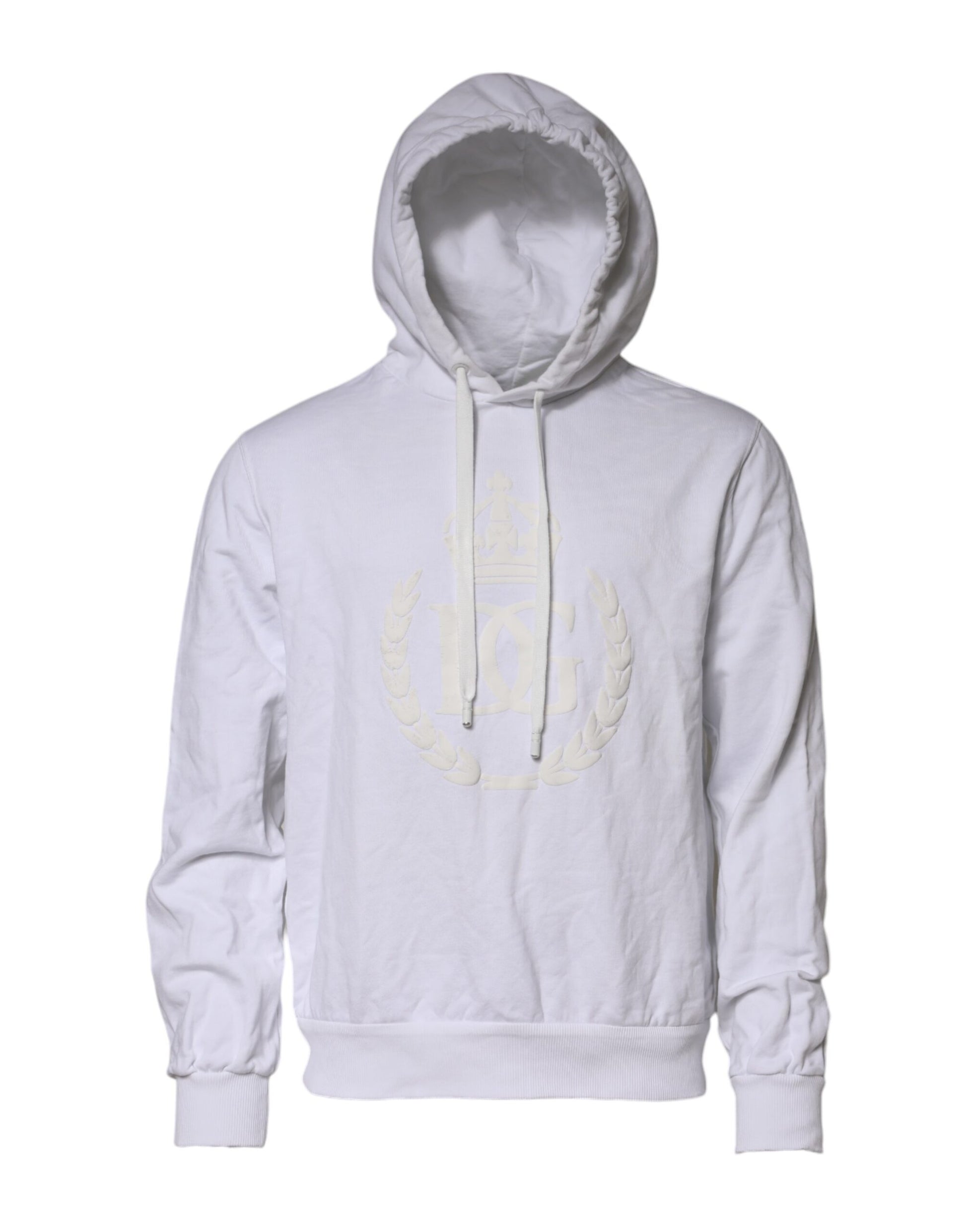 White hoodie with emblem on front