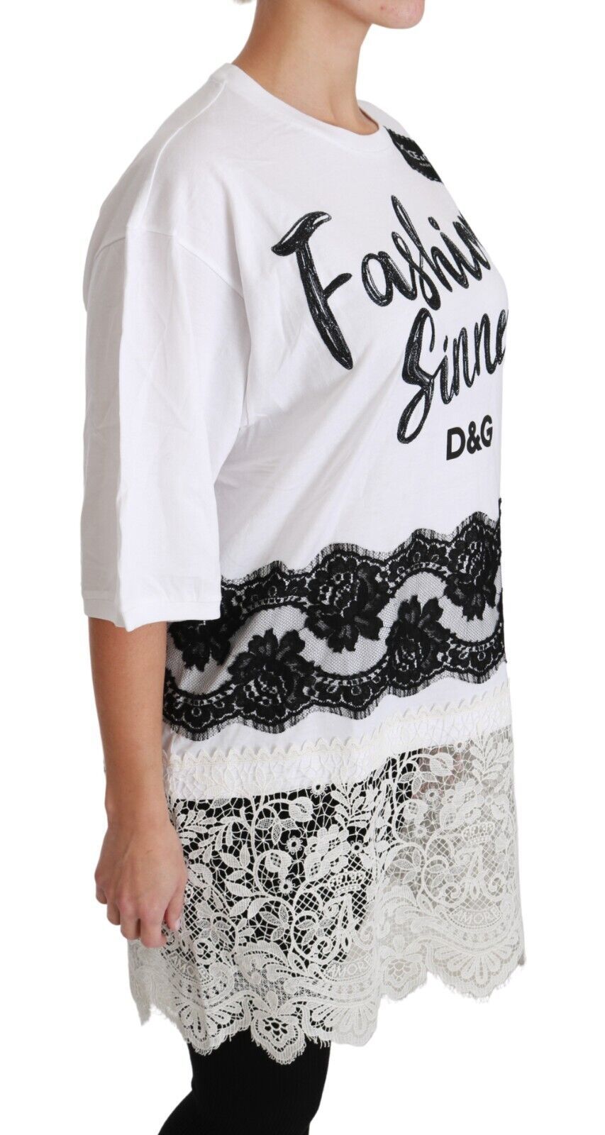 Long sleeve white shirt with black lace detailing