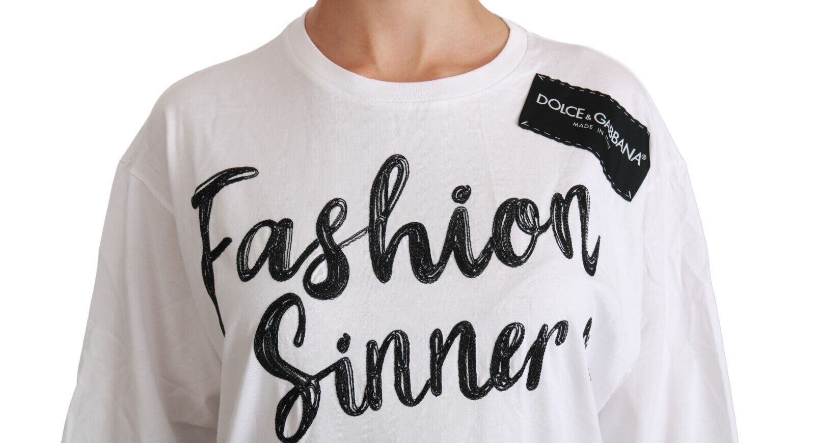 White long sleeve shirt with black fashion sinner text