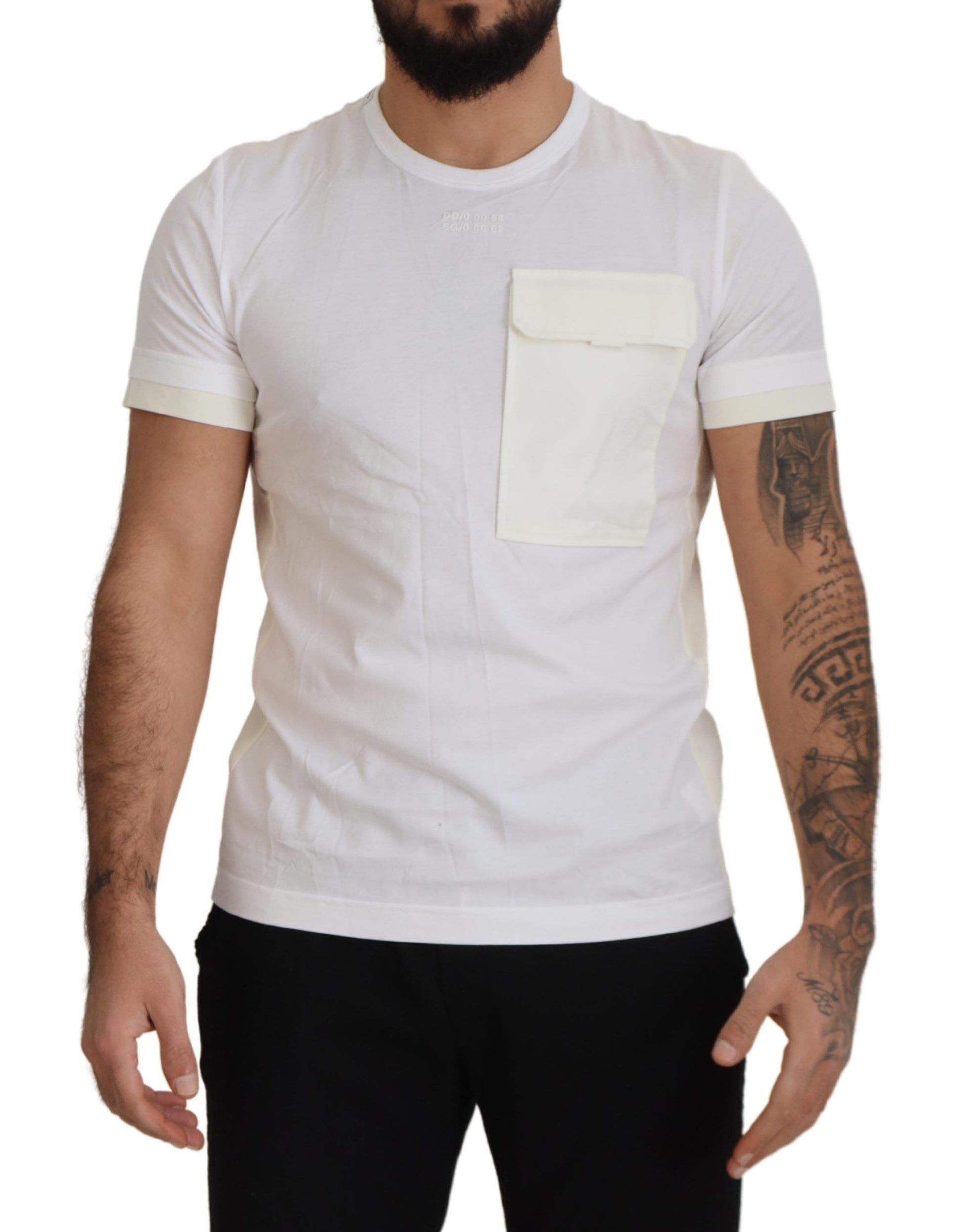 Man wearing white t-shirt with pocket on left side