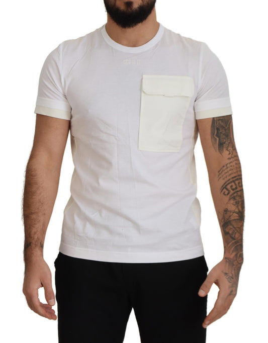 Man wearing white t-shirt with pocket on left side