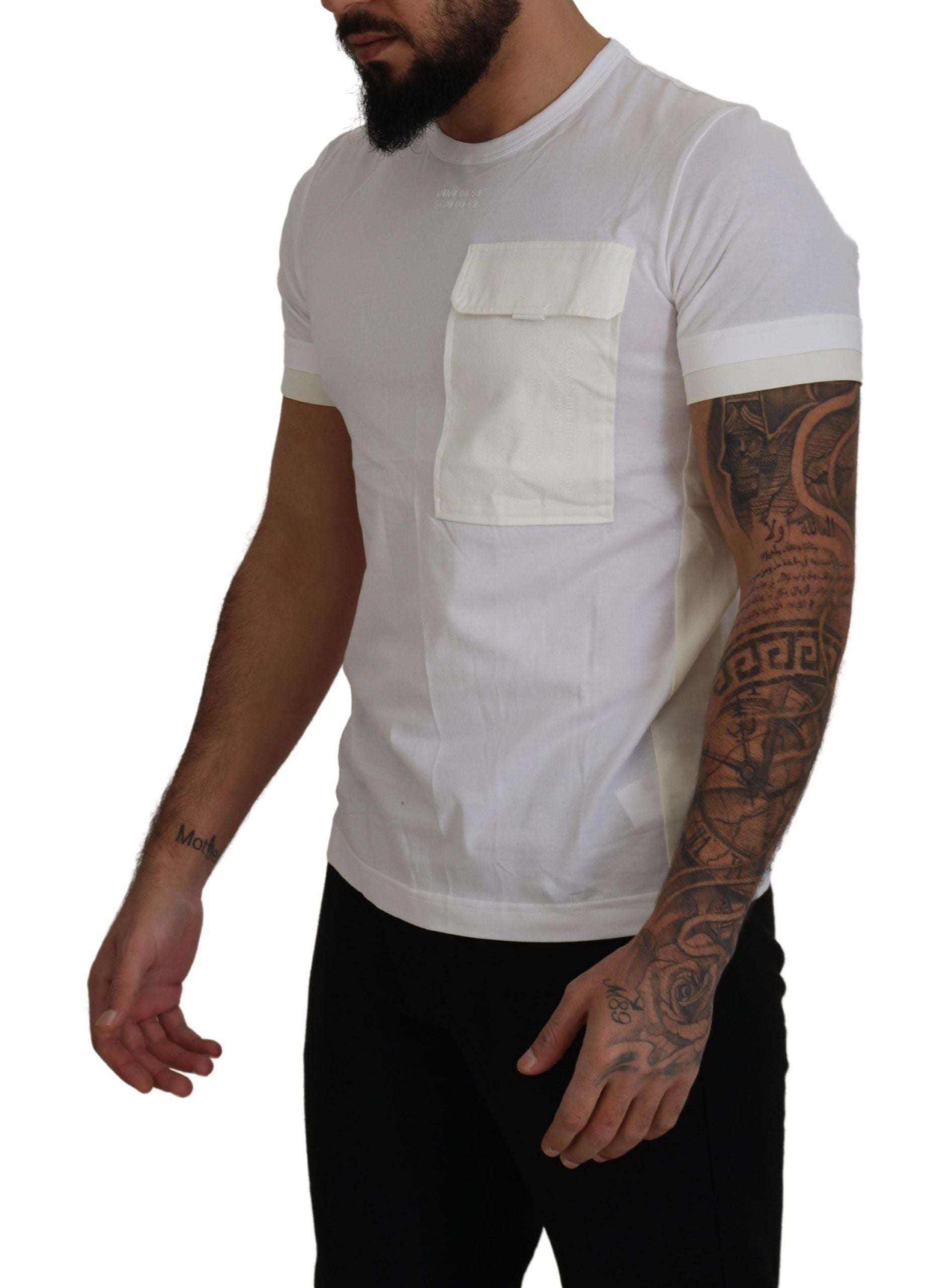 Man wearing white t-shirt with pocket on left chest