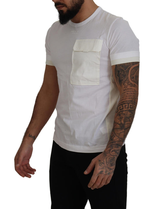 Man wearing white t-shirt with pocket on left chest