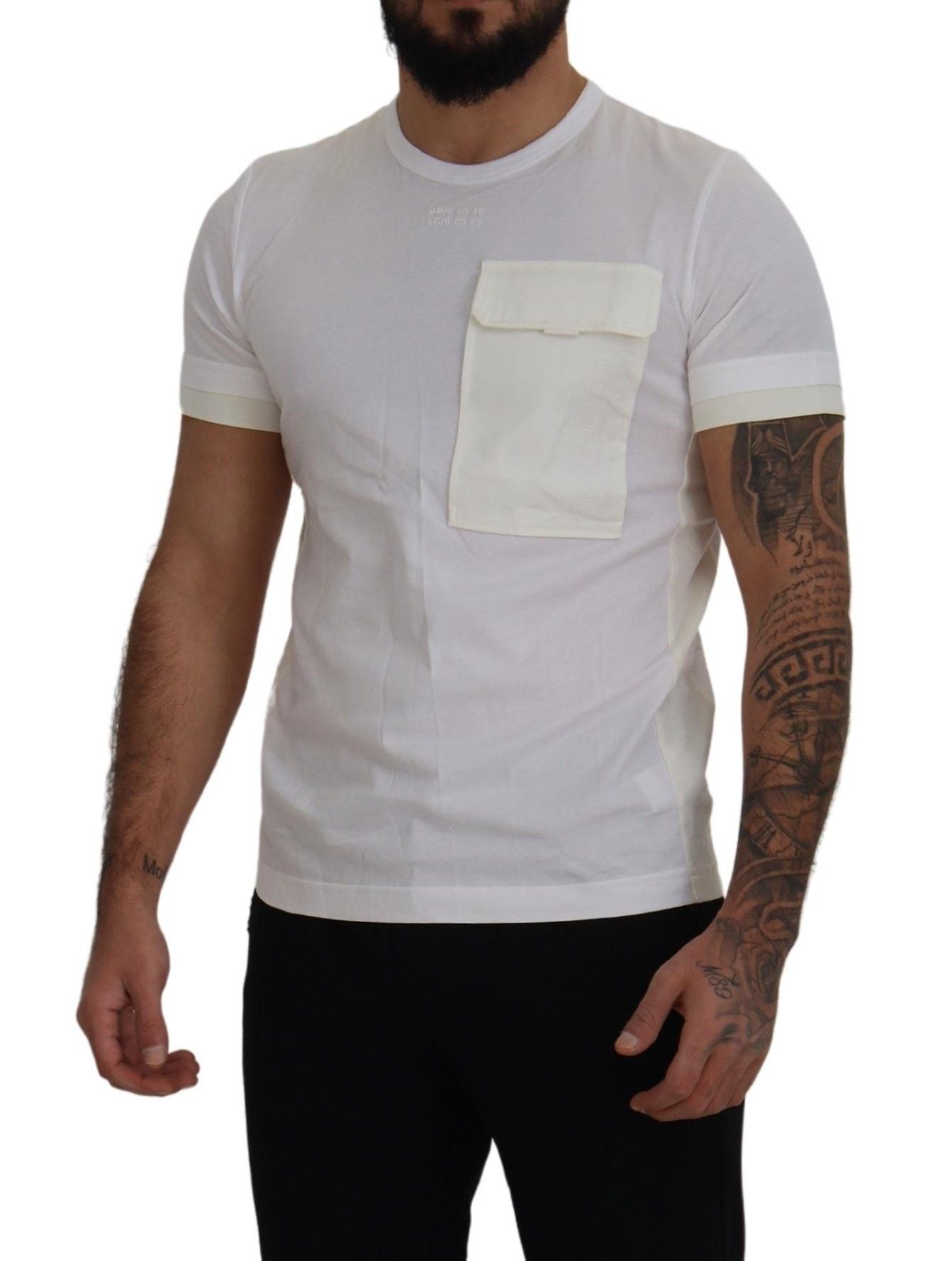 Man wearing white t-shirt with pocket on left chest