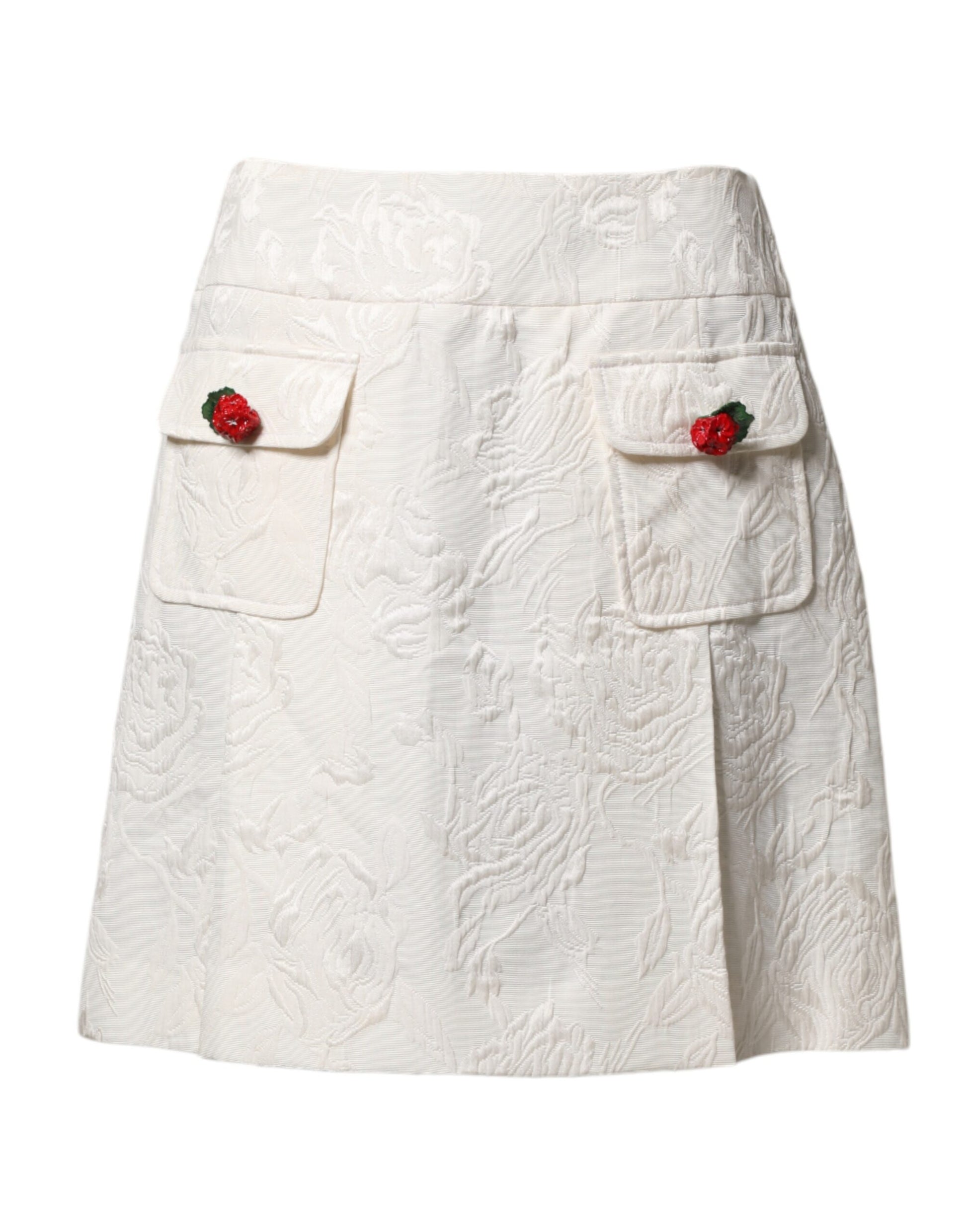 White lace skirt with red roses on pockets