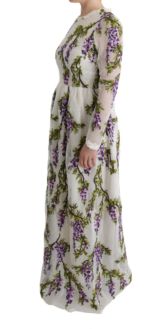Long floral patterned dress worn by a woman