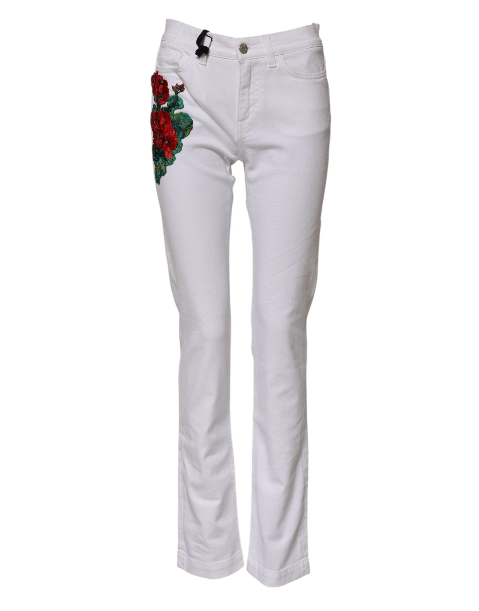White jeans with floral embroidery on legs