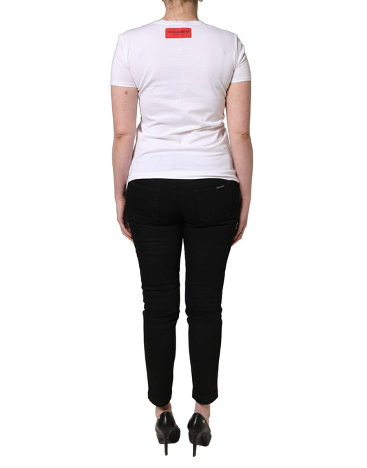 A white t-shirt with floral graphic on the front