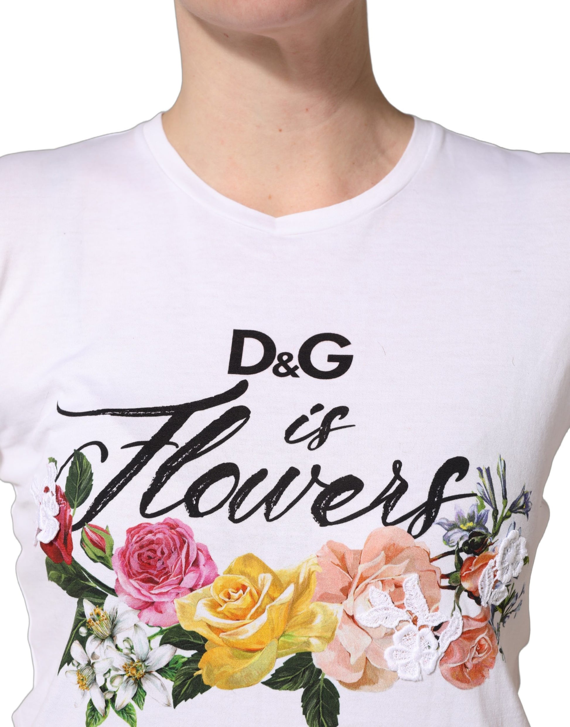 White t-shirt with floral graphic and text "D&G Flowers