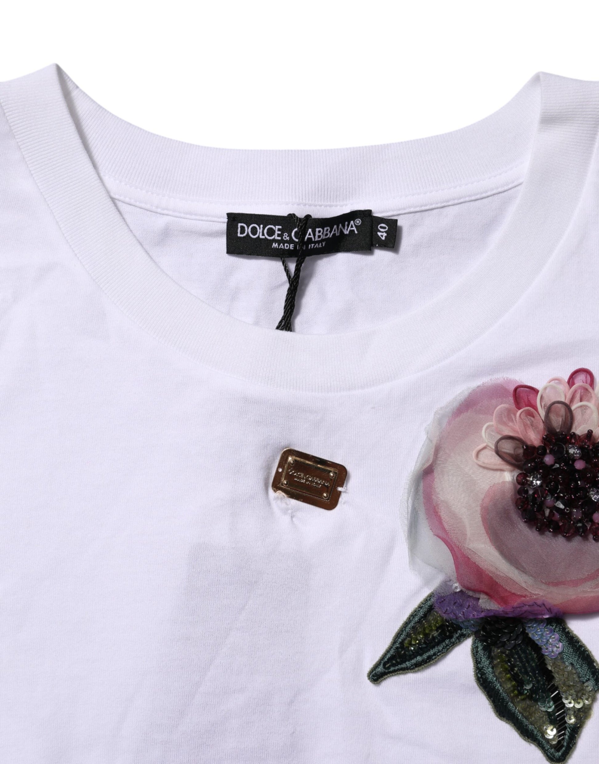 White t-shirt with floral embroidery on front