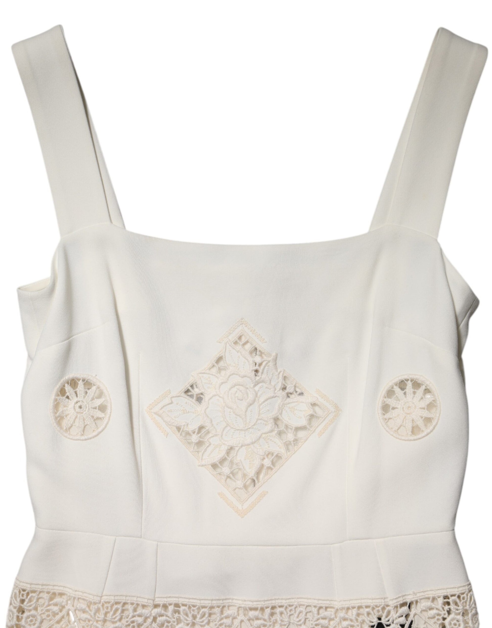 A white floral lace sleeveless midi dress with embroidered detailing