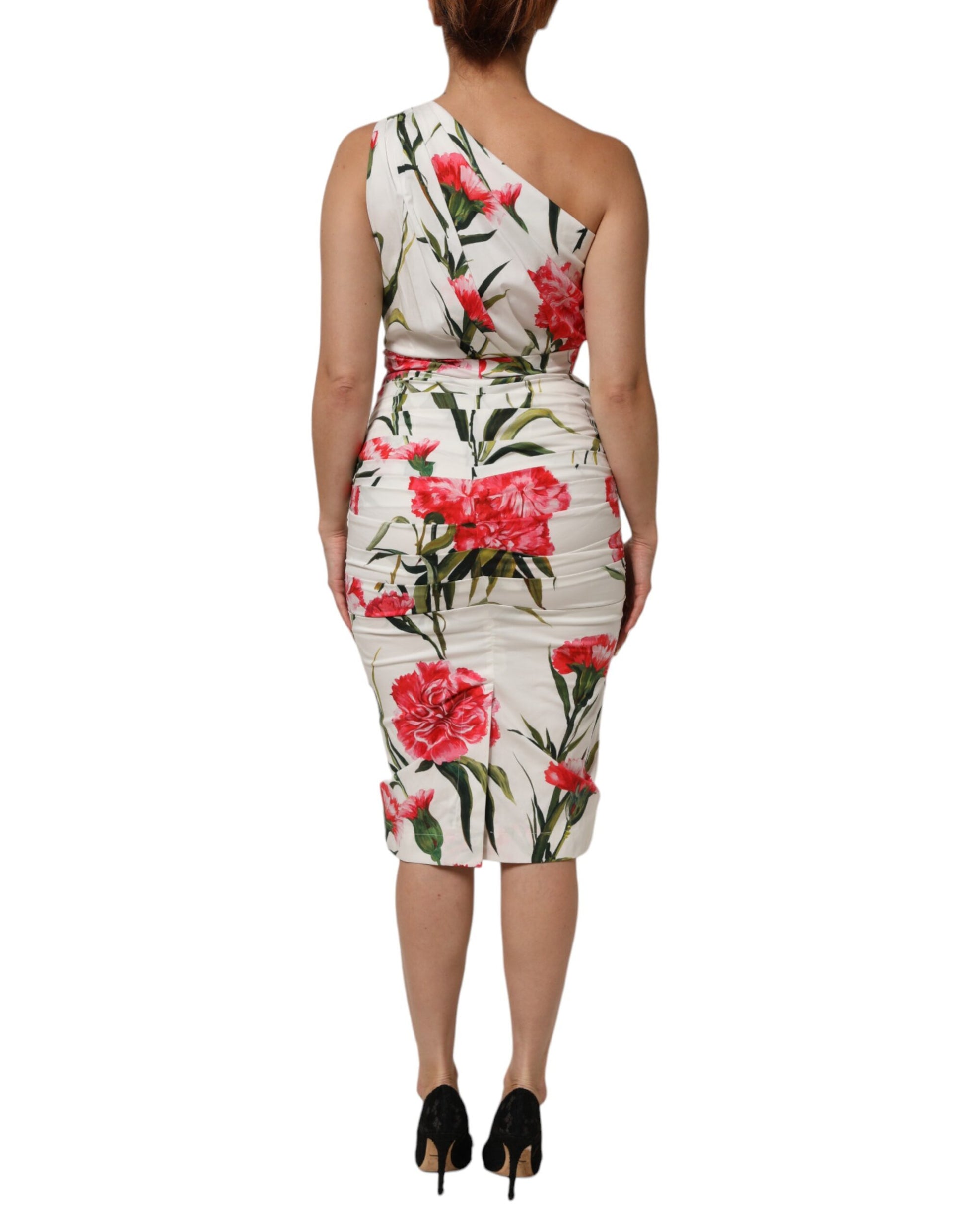 A white floral one shoulder sheath dress by Dolce & Gabbana