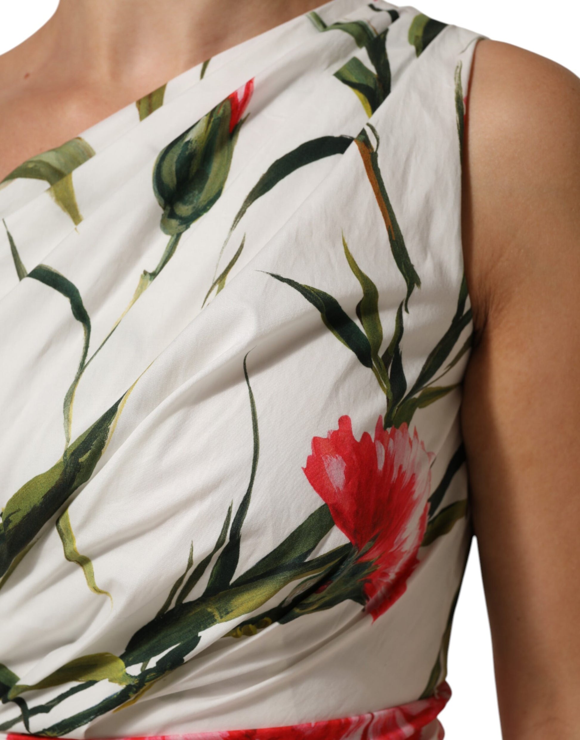 A white floral one shoulder sheath dress with red flowers