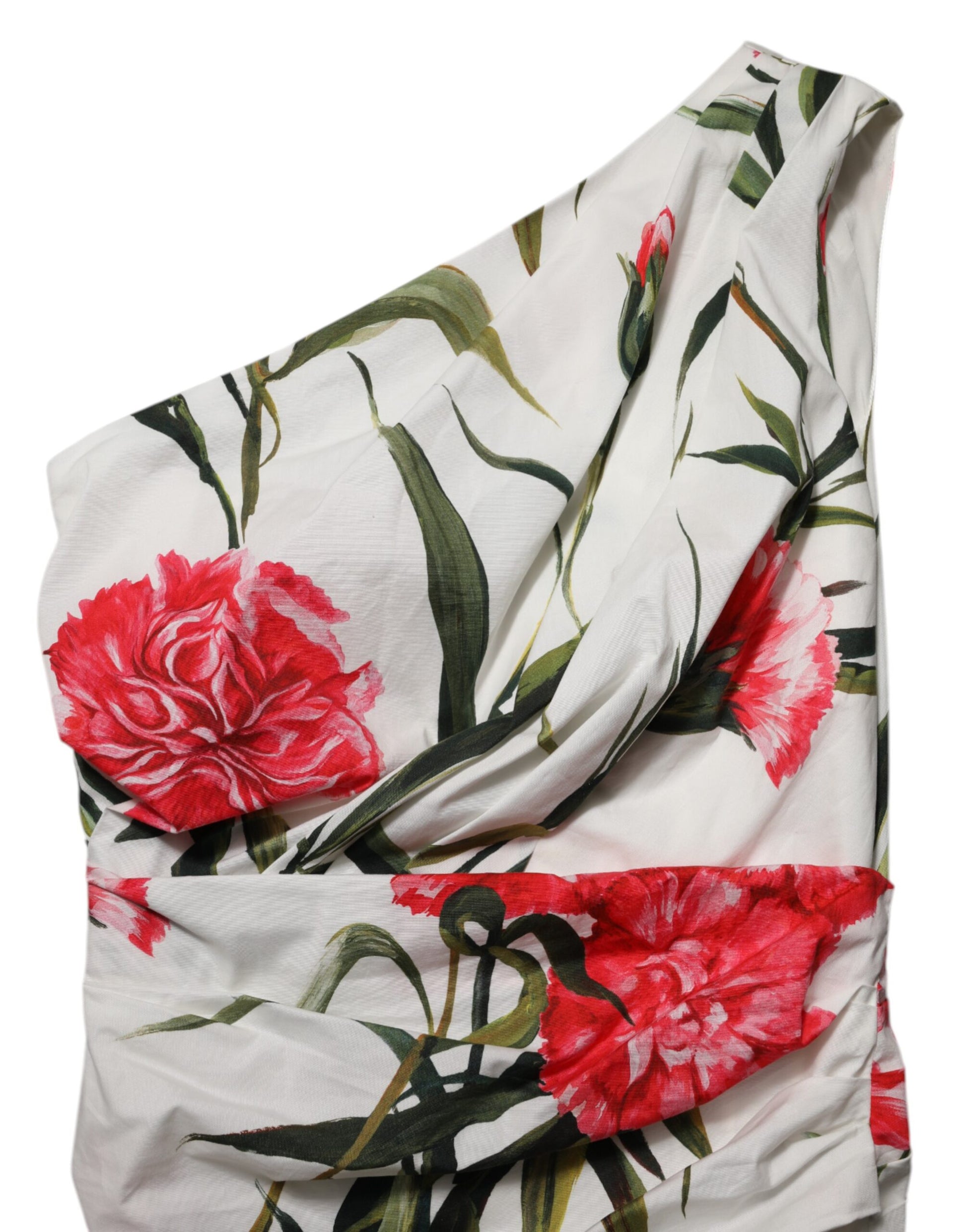 A white floral one shoulder sheath dress with red flowers