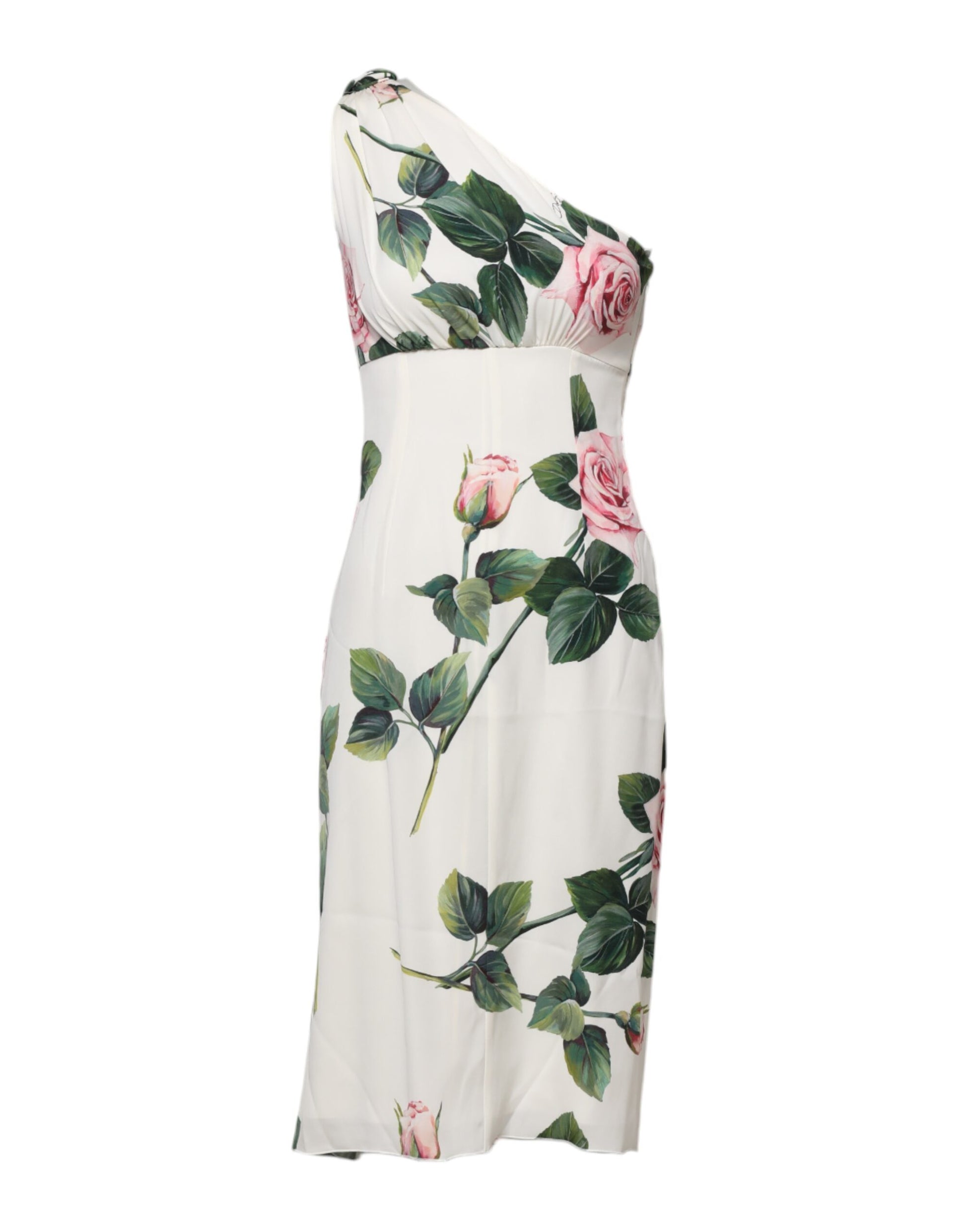 A white floral midi dress with a single shoulder and sleeve, designed by Dolce & Gabbana
