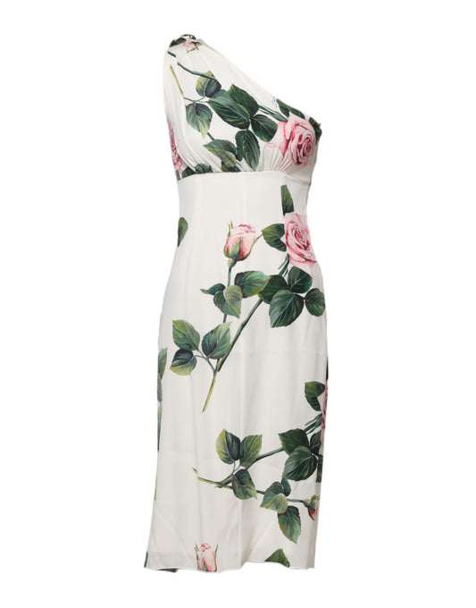 A white floral midi dress with a single shoulder and sleeve, designed by Dolce & Gabbana