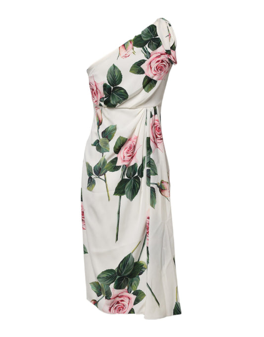A white floral midi dress with a single shoulder and ruffled sleeve