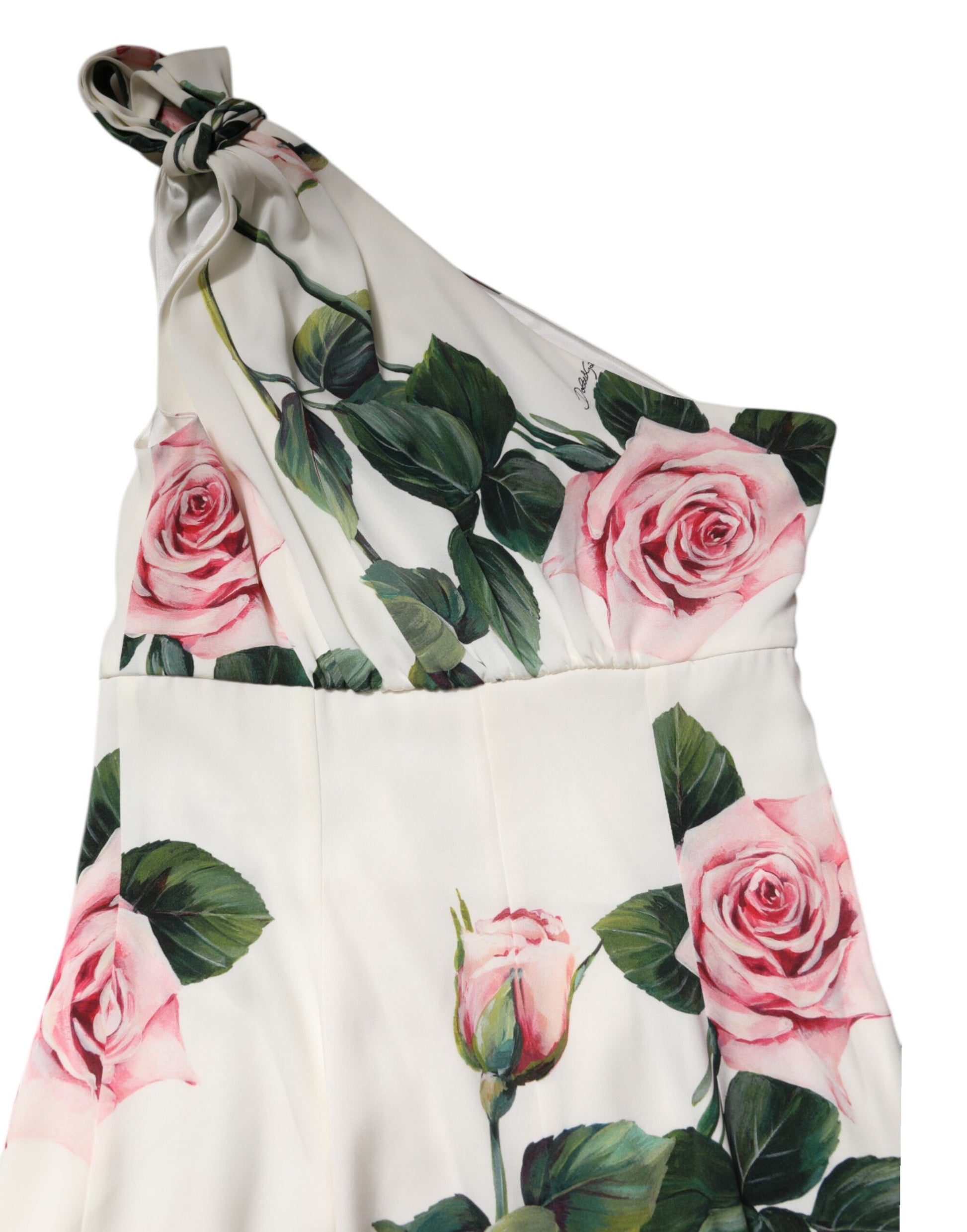 A white floral one shoulder midi dress with pink roses and green leaves