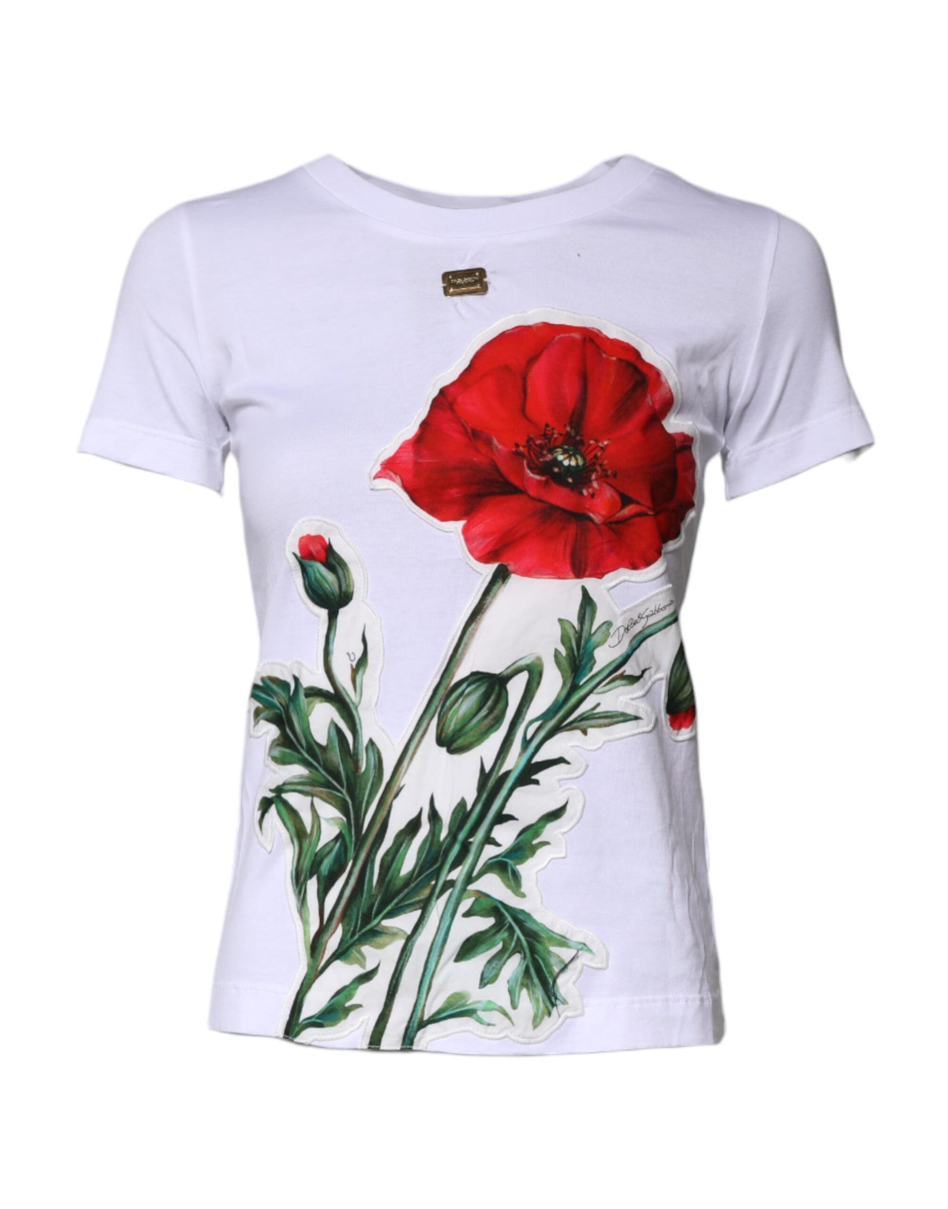 White t-shirt with red poppy flower design on front