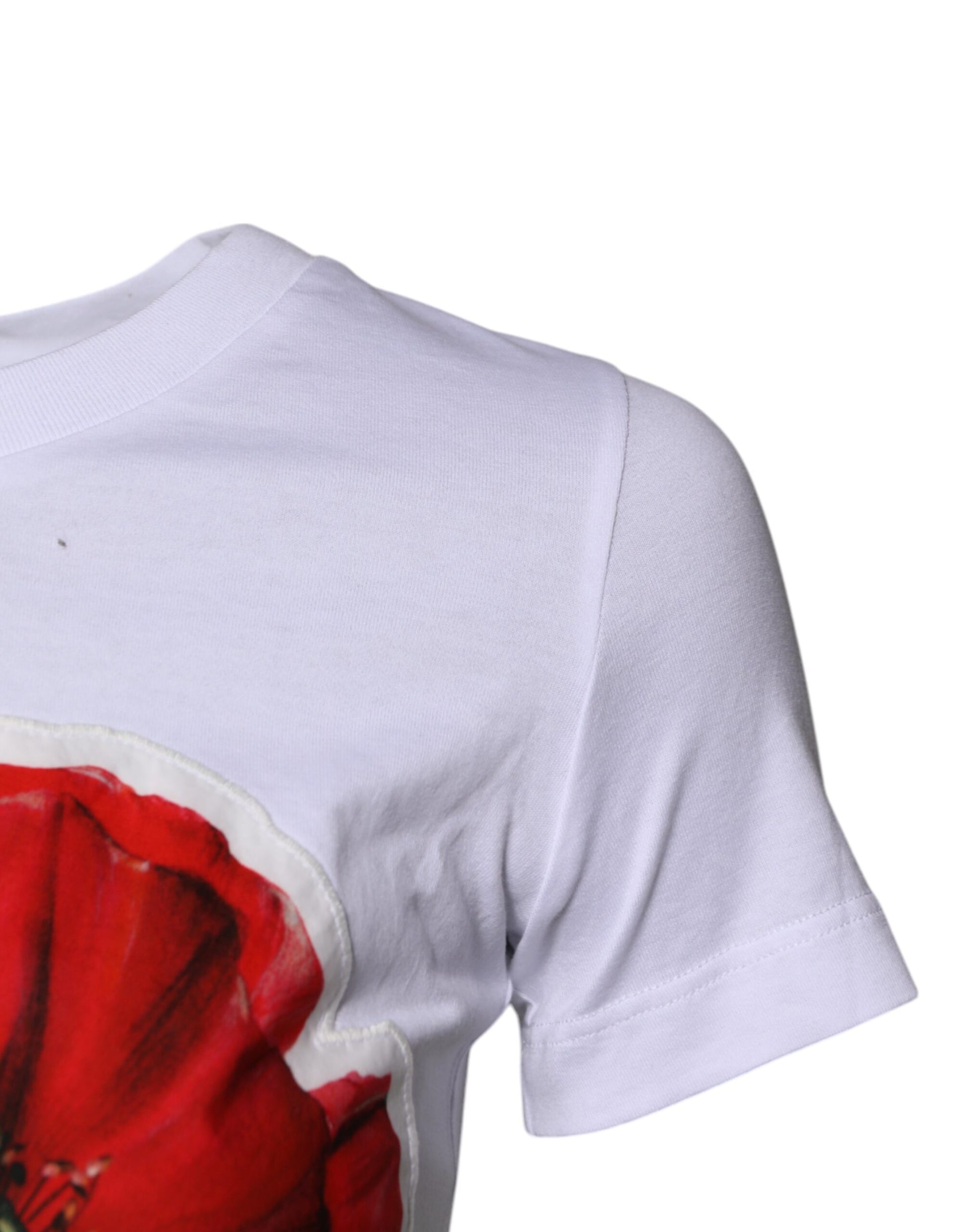 White t-shirt with red flower design on front