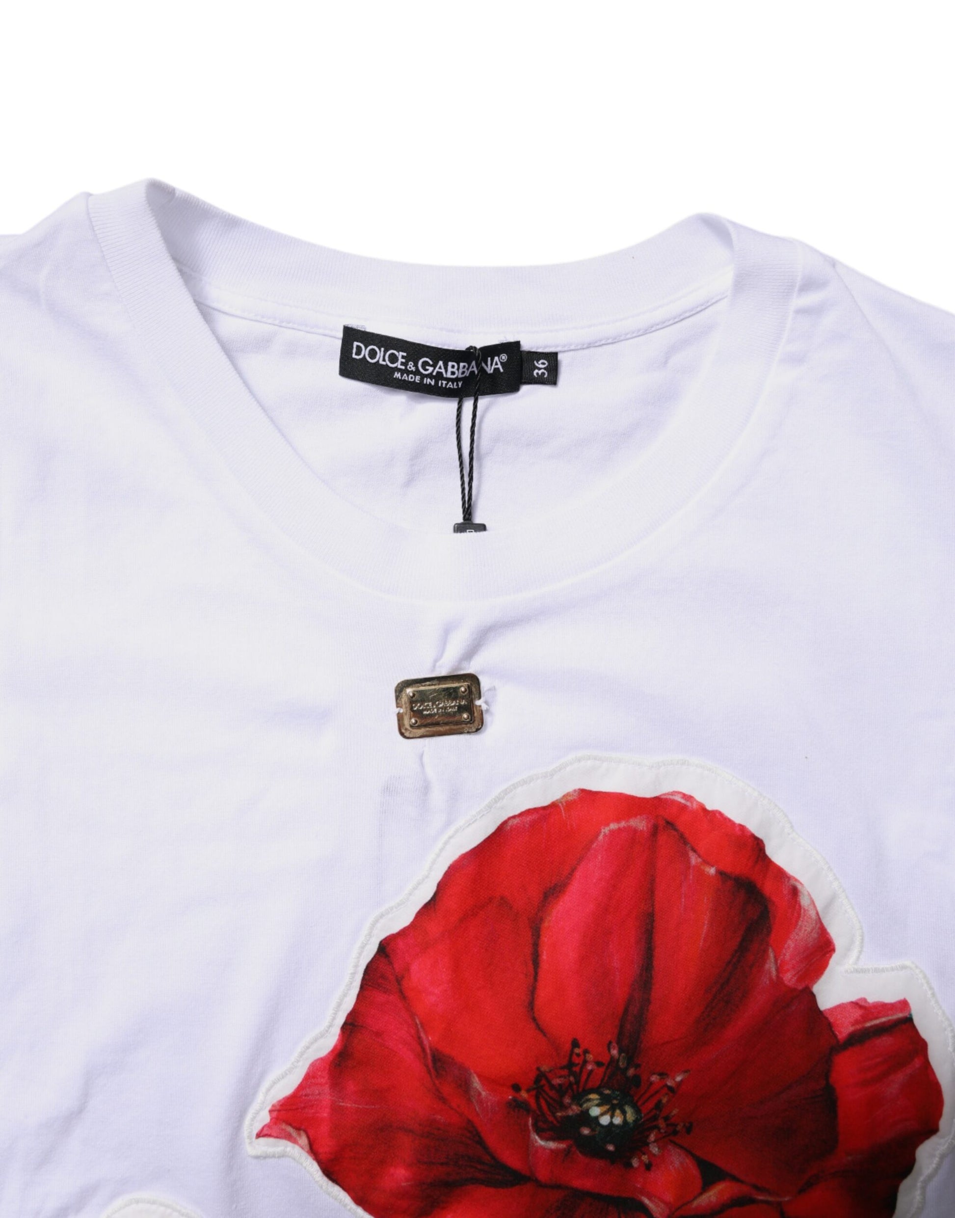 White t-shirt with red poppy embroidery on front