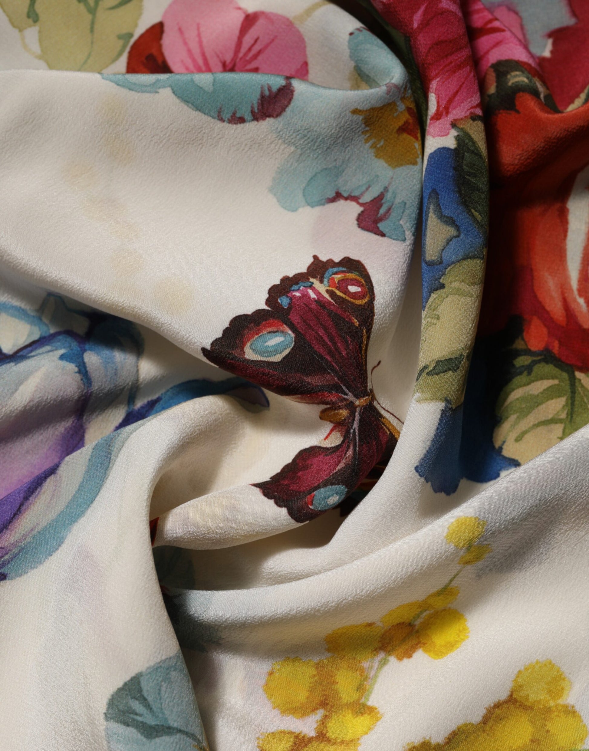 A white floral print silk sheath long gown dress with a butterfly design