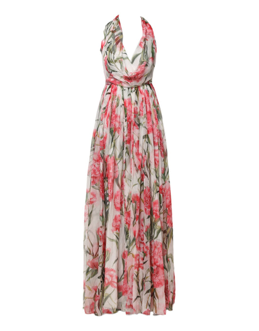 Pink and white floral maxi dress with halter neck