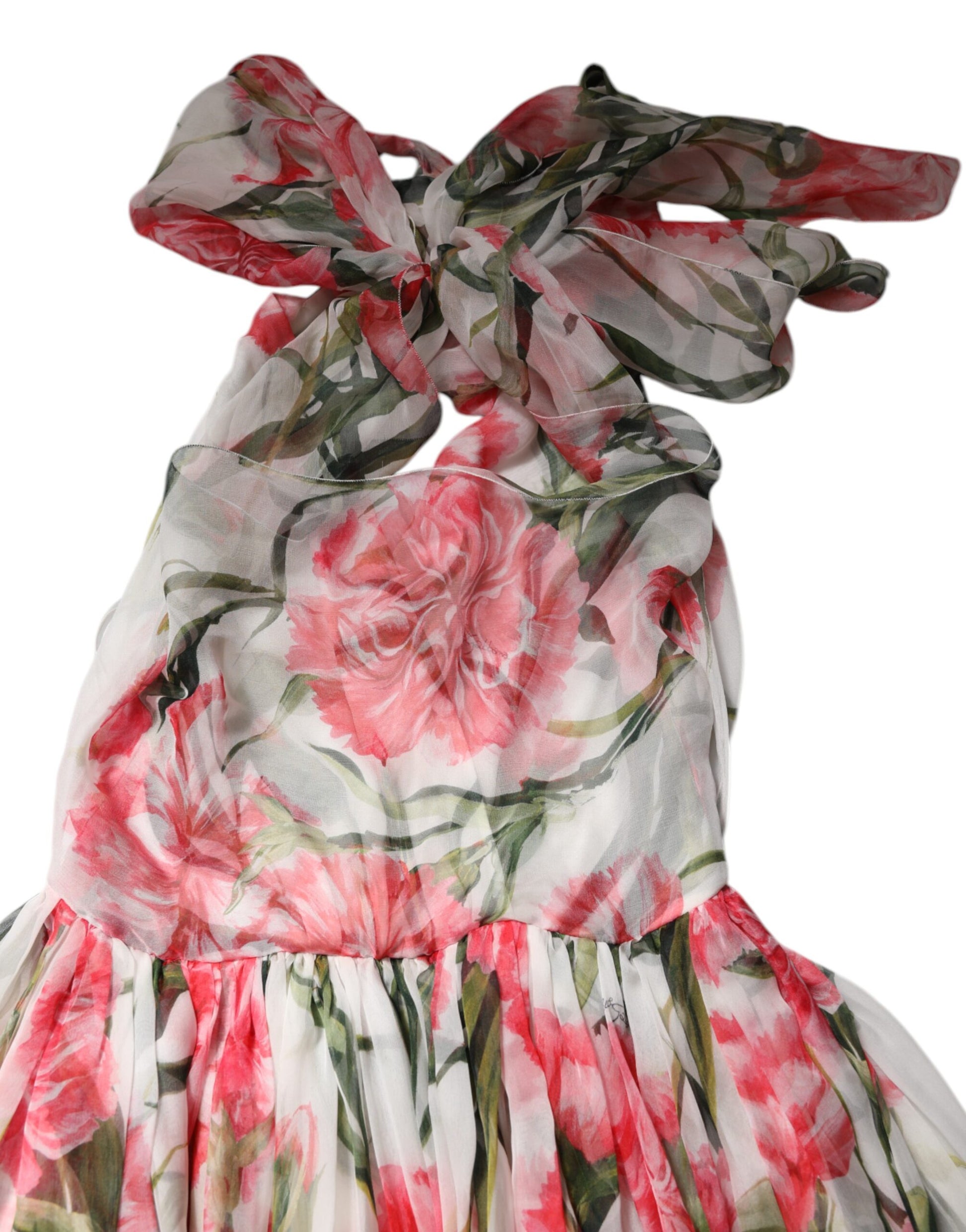 A white floral silk halter dress with an A-line skirt