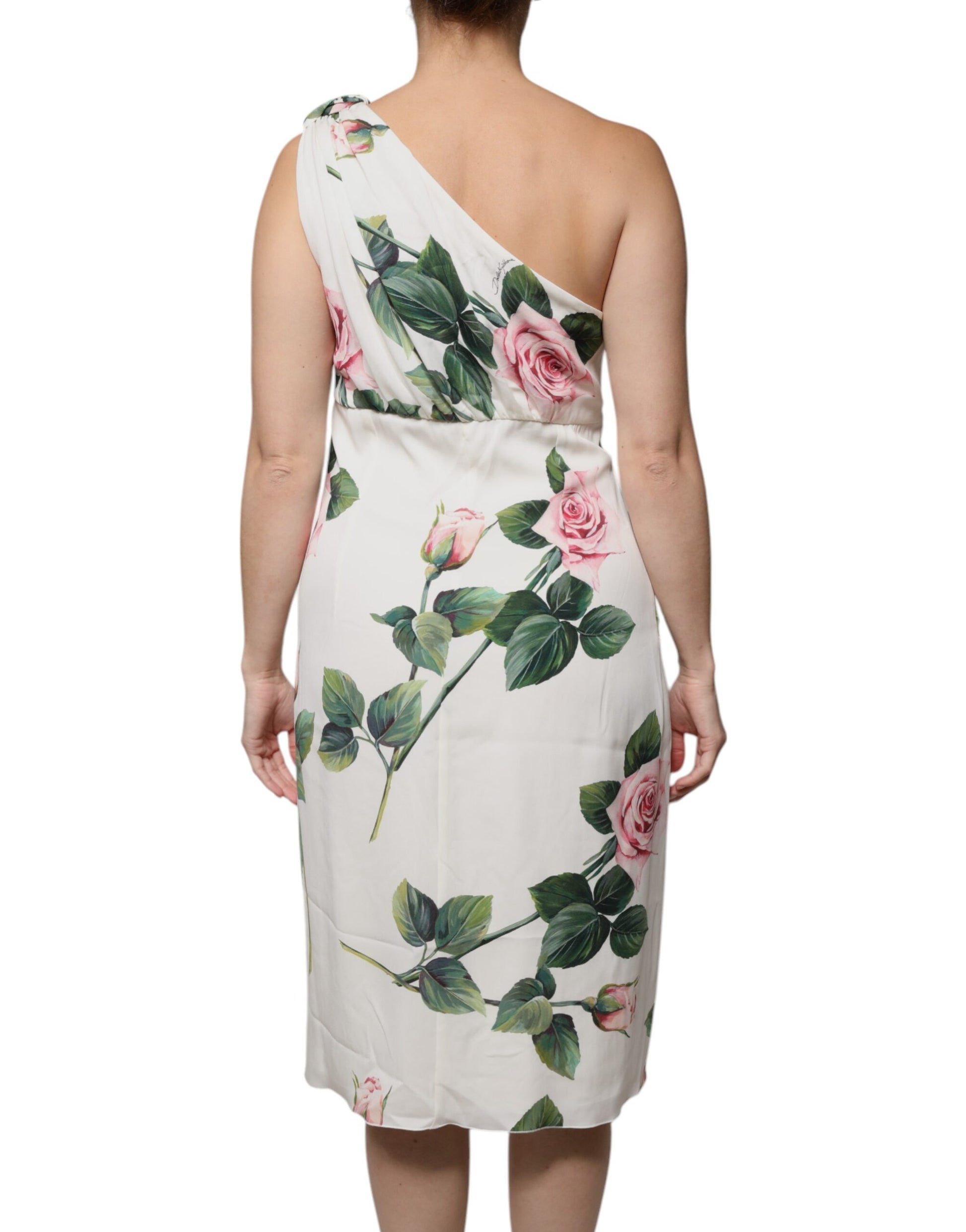 A white floral silk midi dress with a one shoulder design
