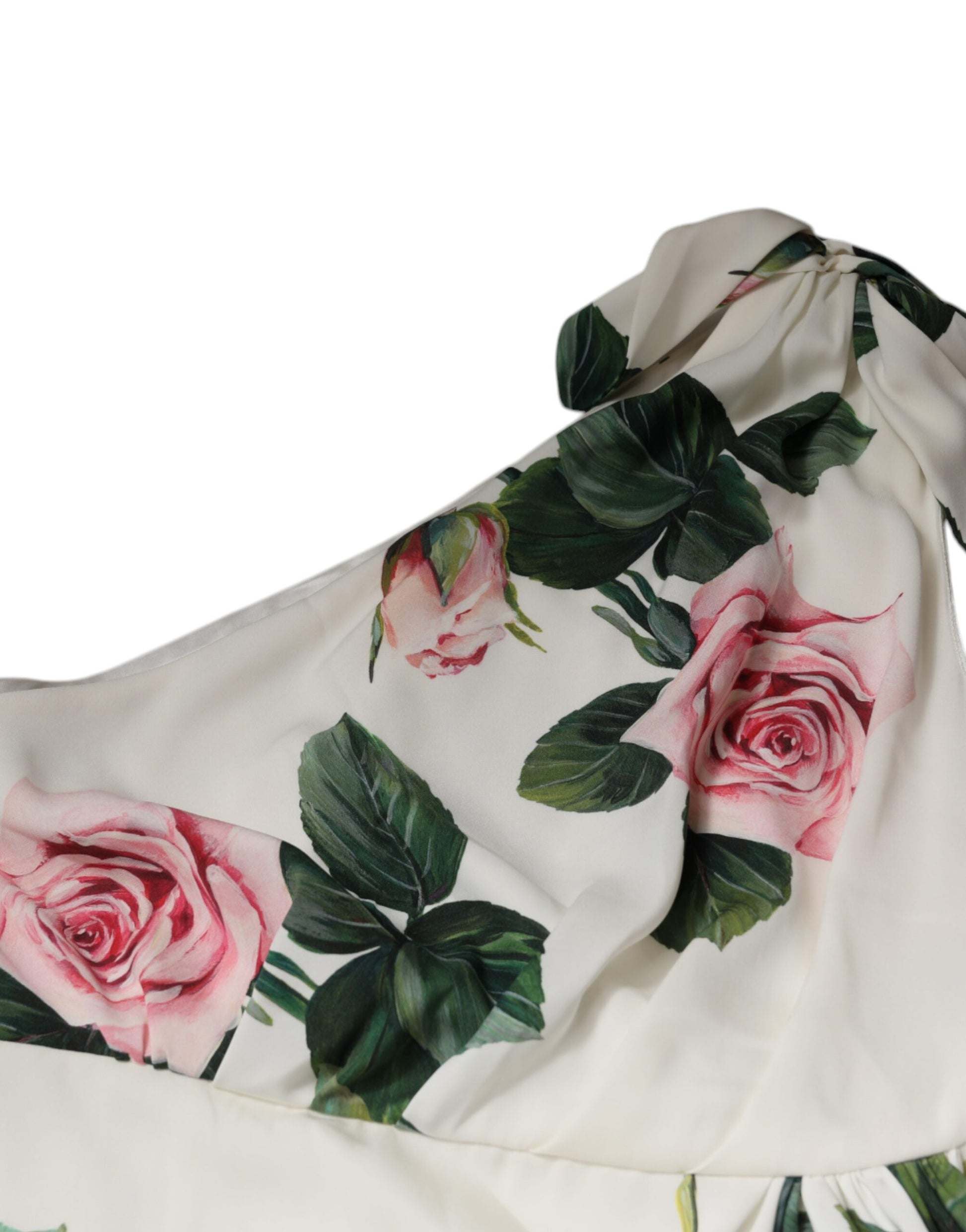 A white floral silk midi dress with a single shoulder and pink roses