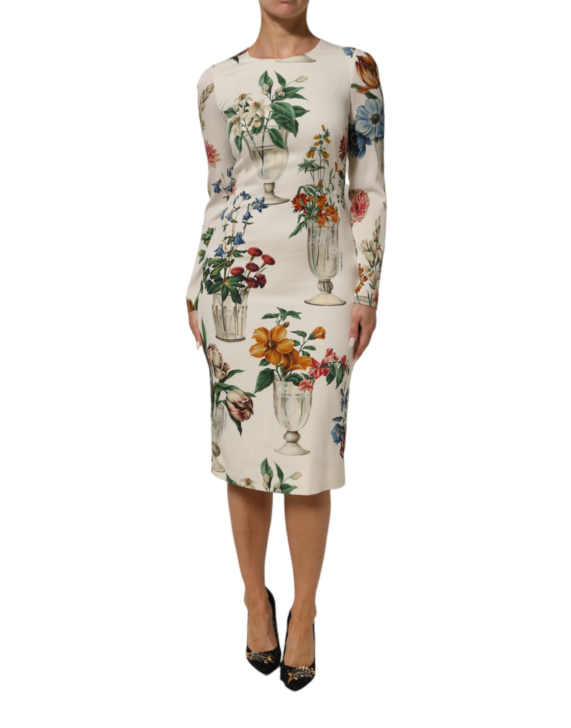A midi dress with a floral pattern and vase design, in white silk