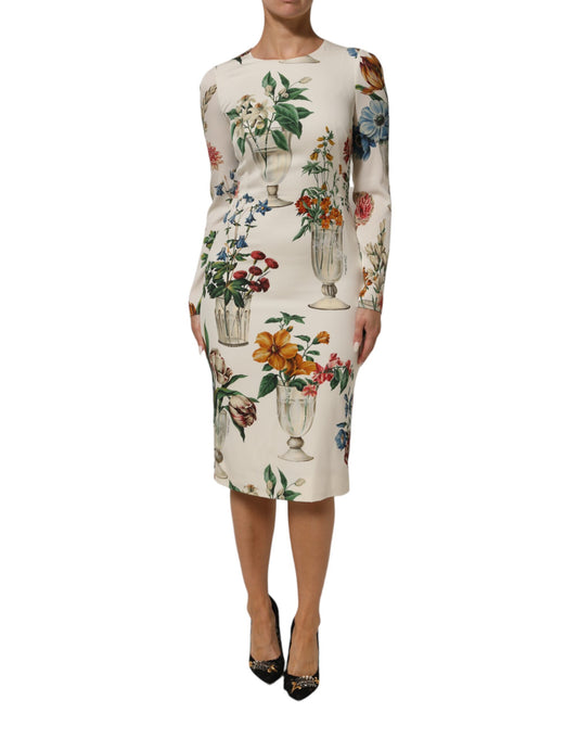 A midi dress with a floral pattern and vase design, in white silk