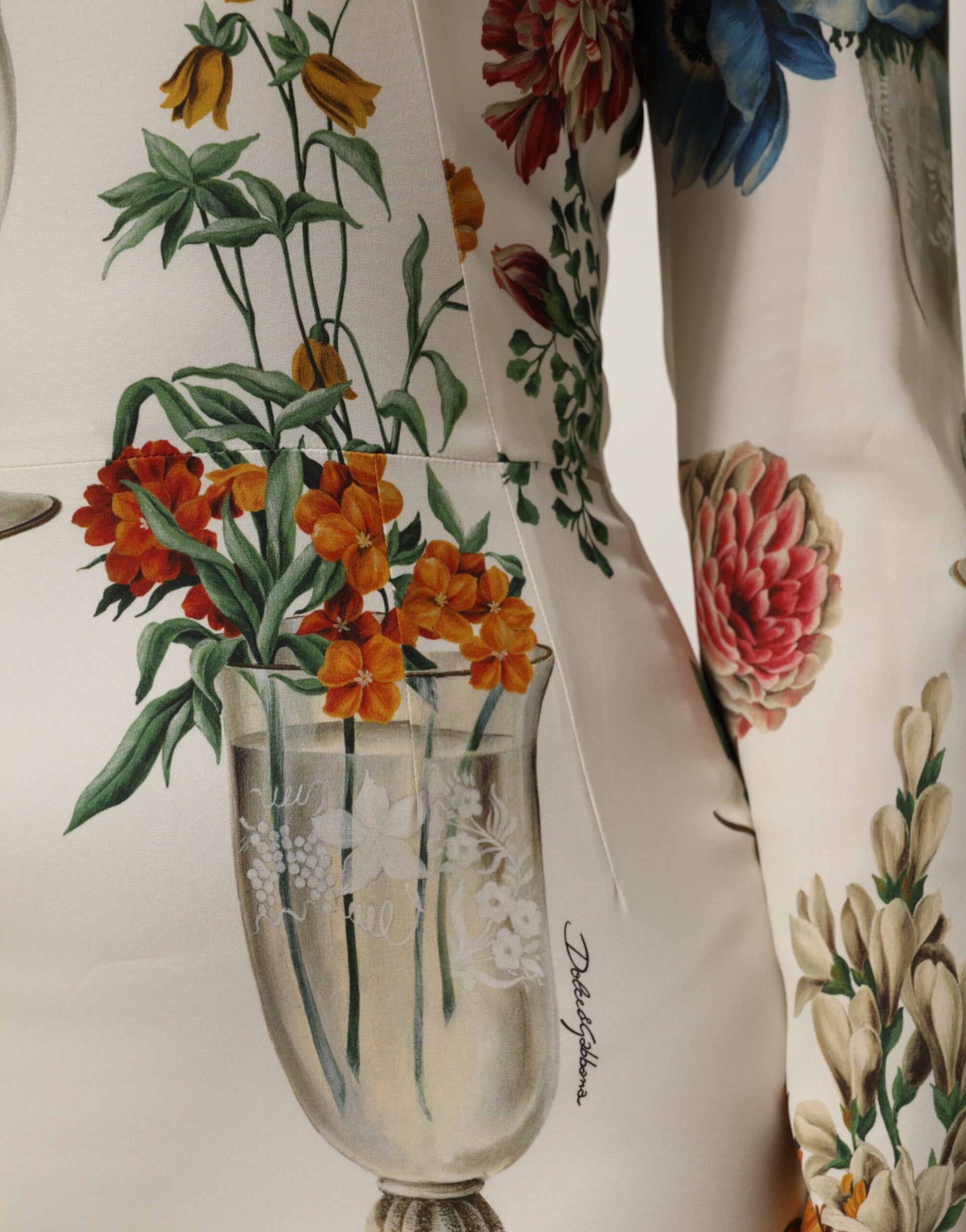 A white floral vase silk sheath midi dress with a detailed flower pattern
