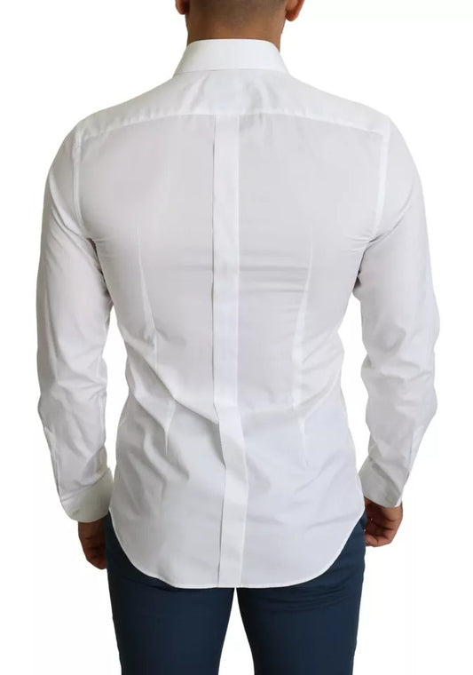 White formal tuxedo dress shirt with gold accents, short sleeves, and a collar