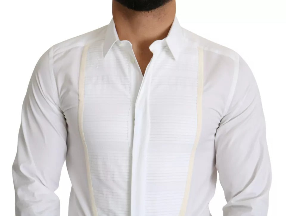 White formal tuxedo dress shirt with gold detailing