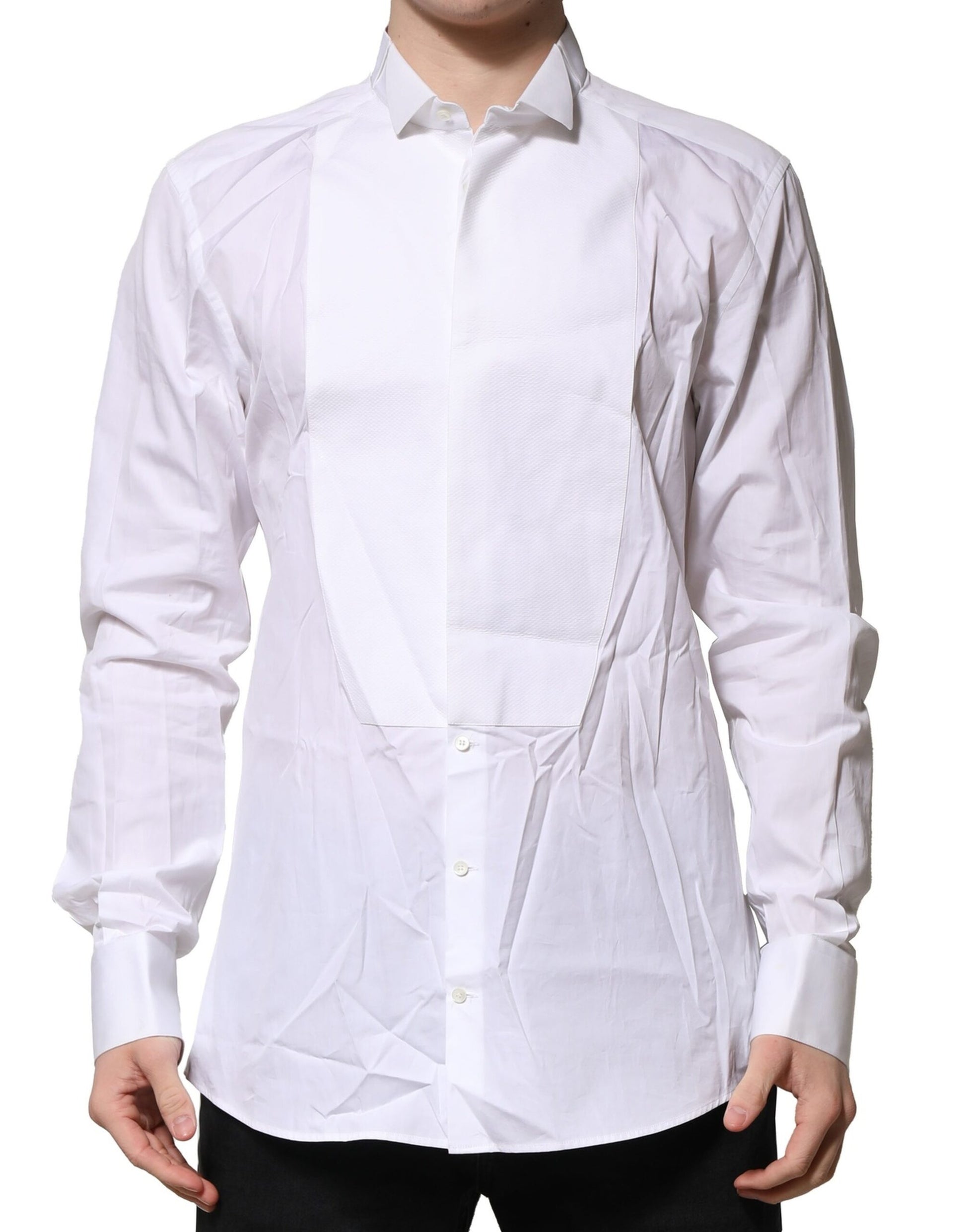 White men's formal shirt with gold bib detailing
