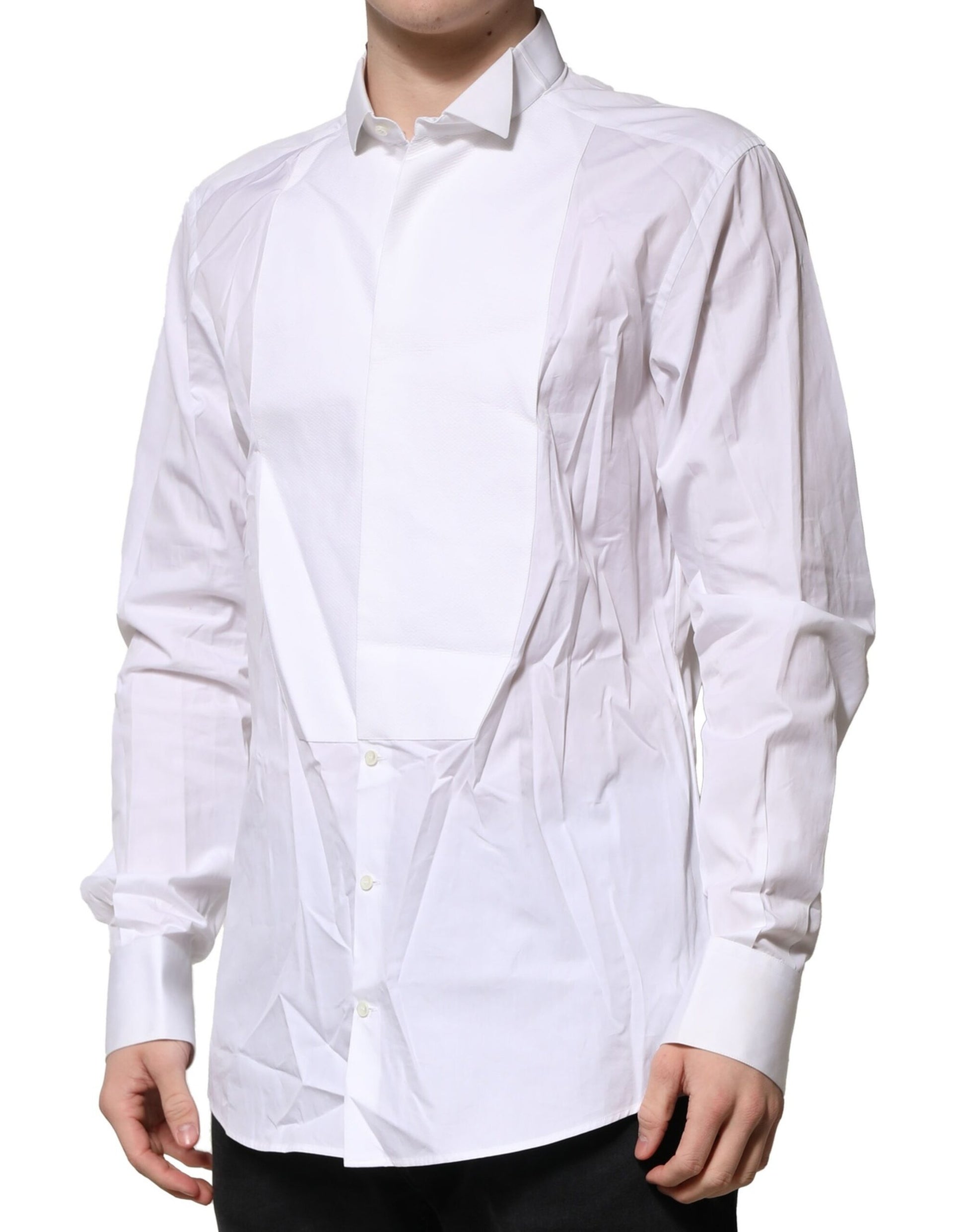 A white dress shirt with a gold bib collar and cuffs, designed for men's formal wear