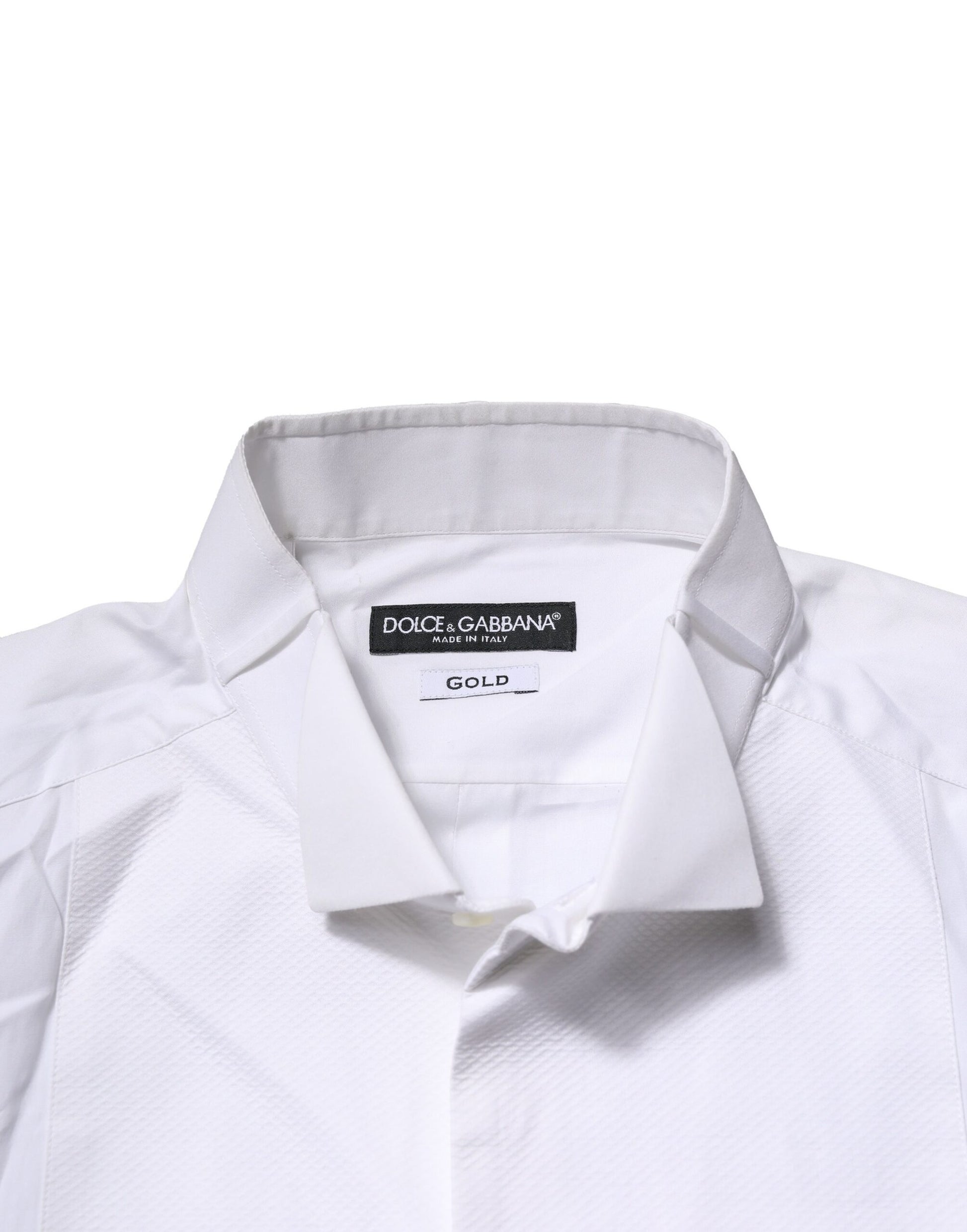 White dress shirt with gold detailing, collar and cuffs