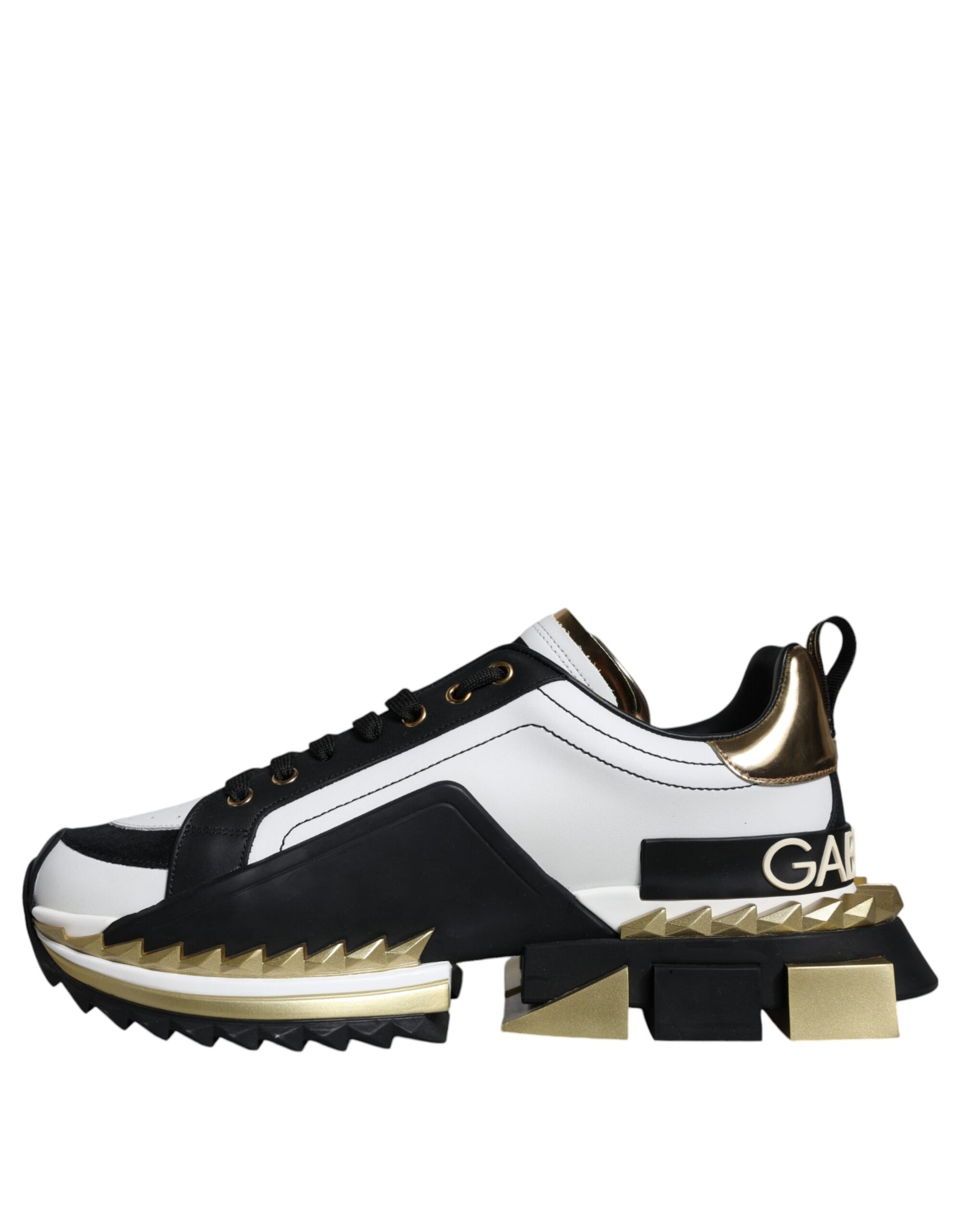 Black and white sneaker with gold accents