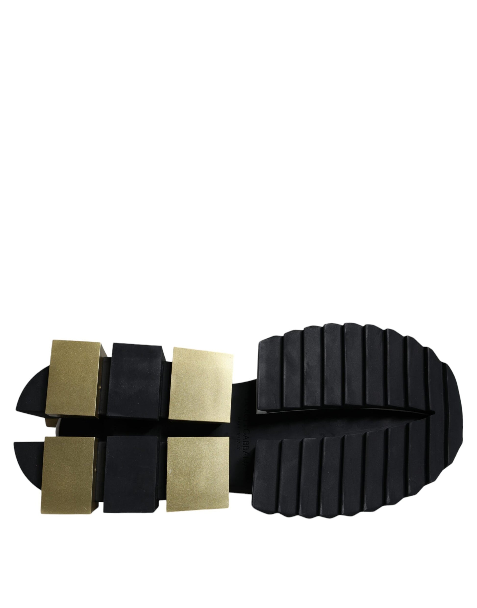 Black shoe with gold straps