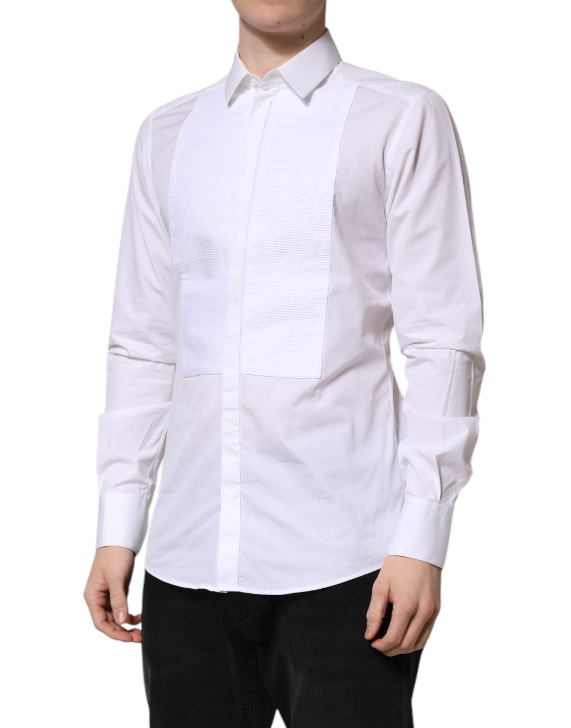 A white cotton bib dress shirt with gold accents, designed by Dolce & Gabbana