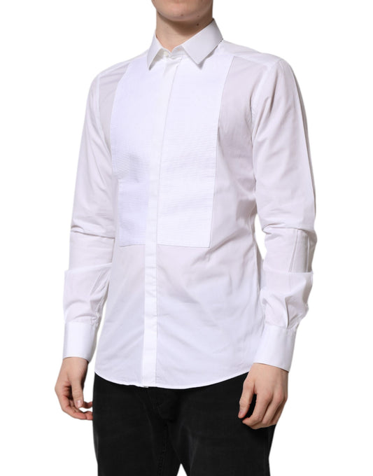 A white cotton bib dress shirt with gold accents, designed by Dolce & Gabbana