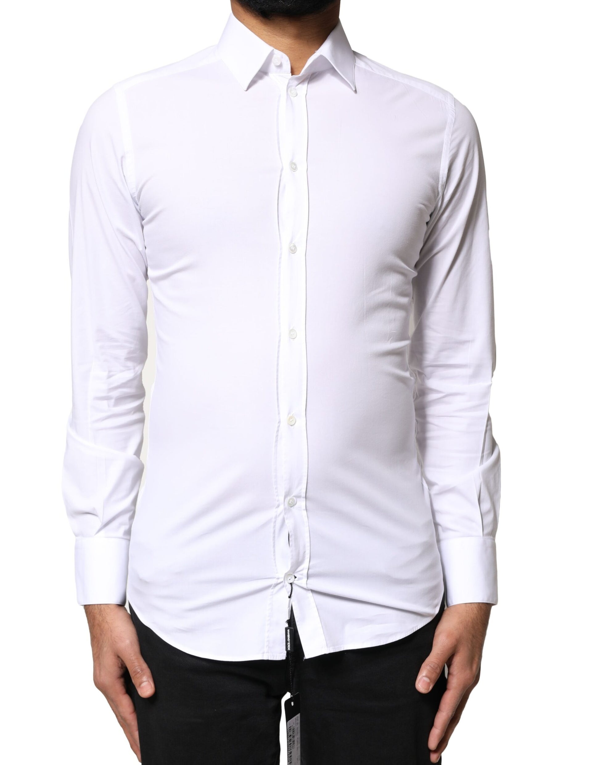 A long sleeve white dress shirt with gold accents from the brand Dolce & Gabbana