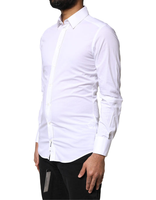 A white cotton long sleeve dress shirt with a gold design on the collar